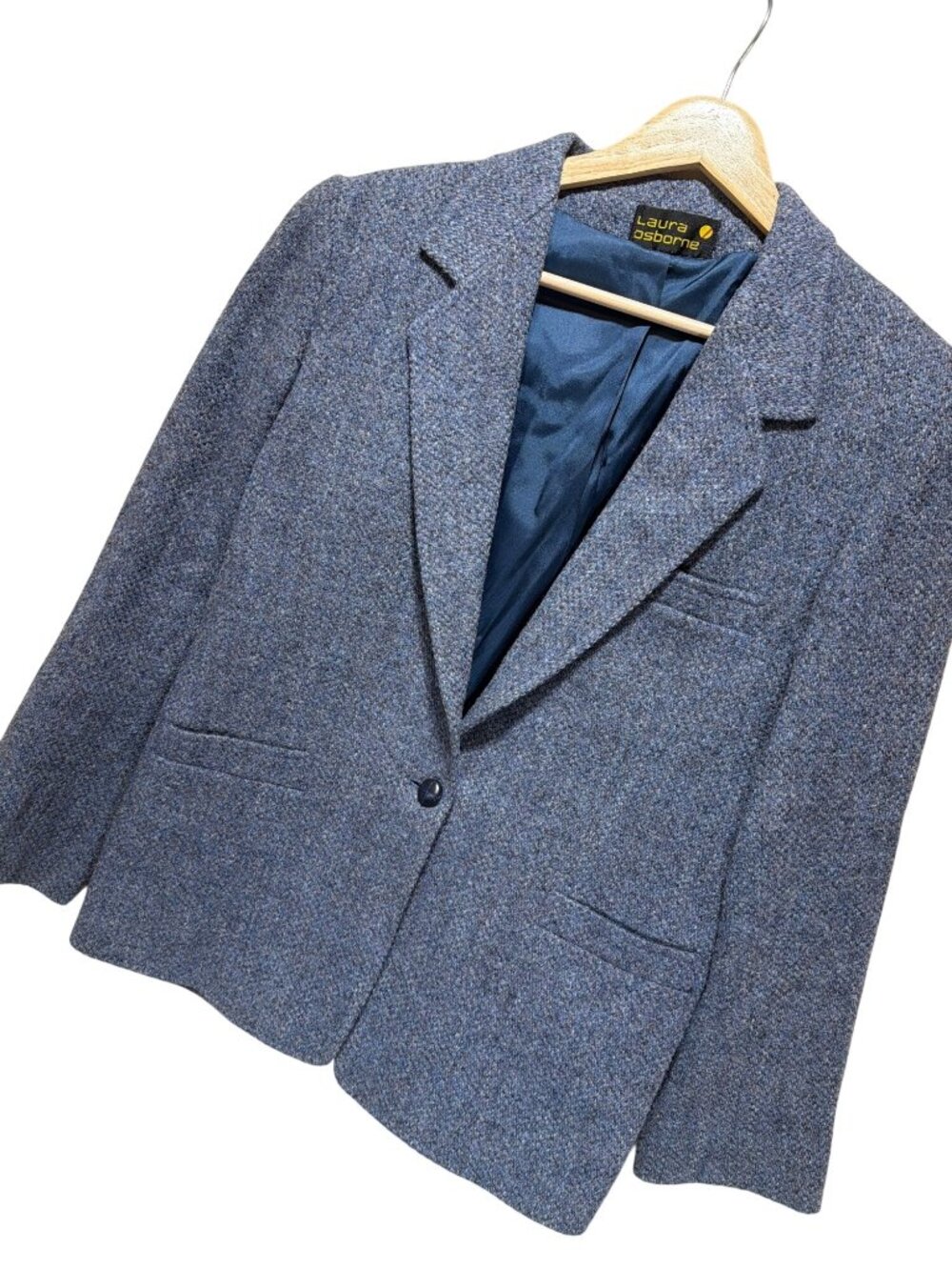 Laura Osborne Vintage 90s Womens Tweed Wool Blazer Blue Lined 1-Button Closure M